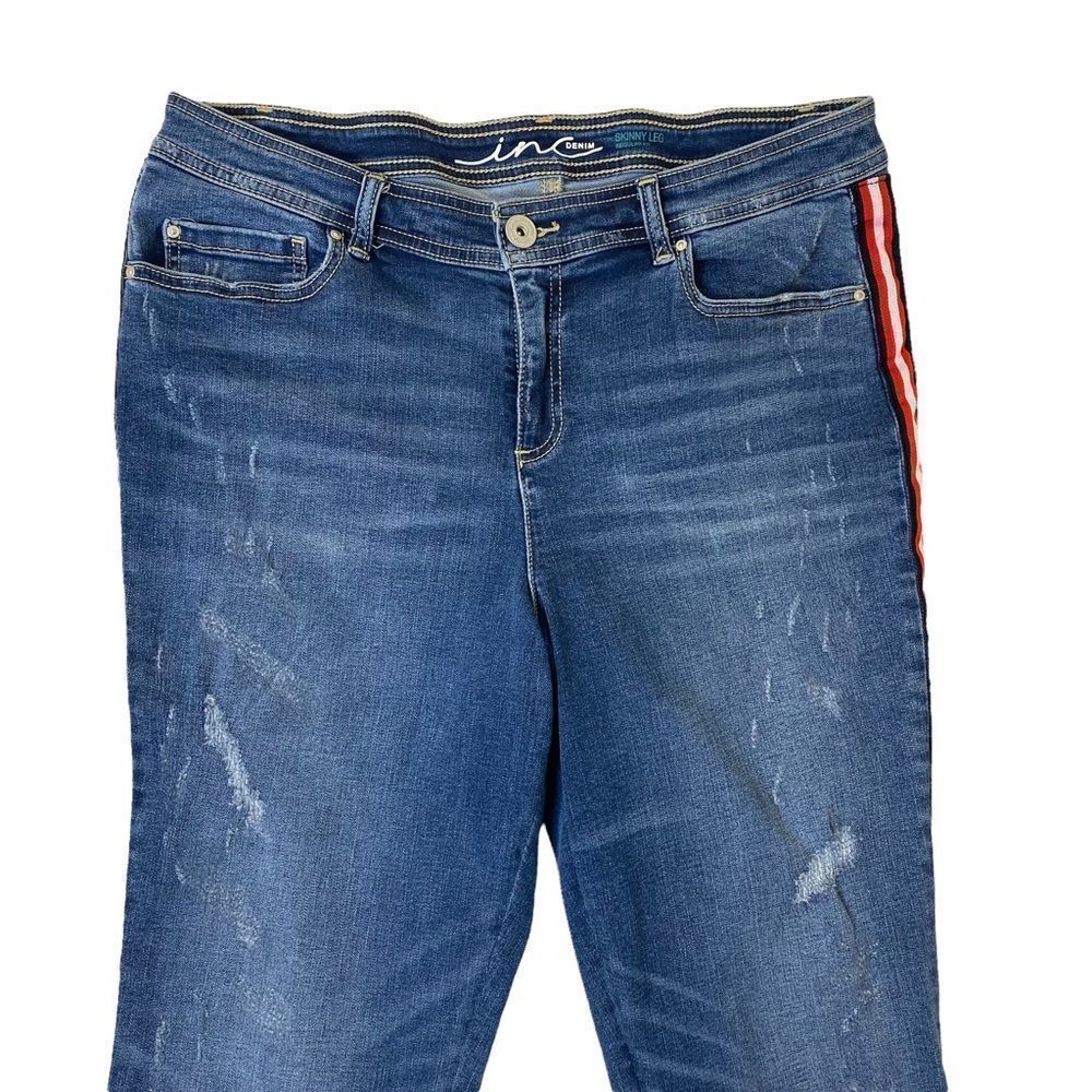INC Skinny Leg Side Stripe Jeans Sz 14 - Picture 2 of 12